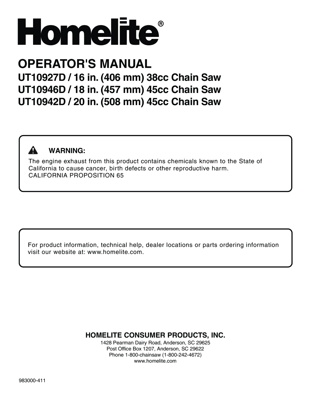 Homelite UT10942D manual Homelite Consumer PRODUCTS, INC 