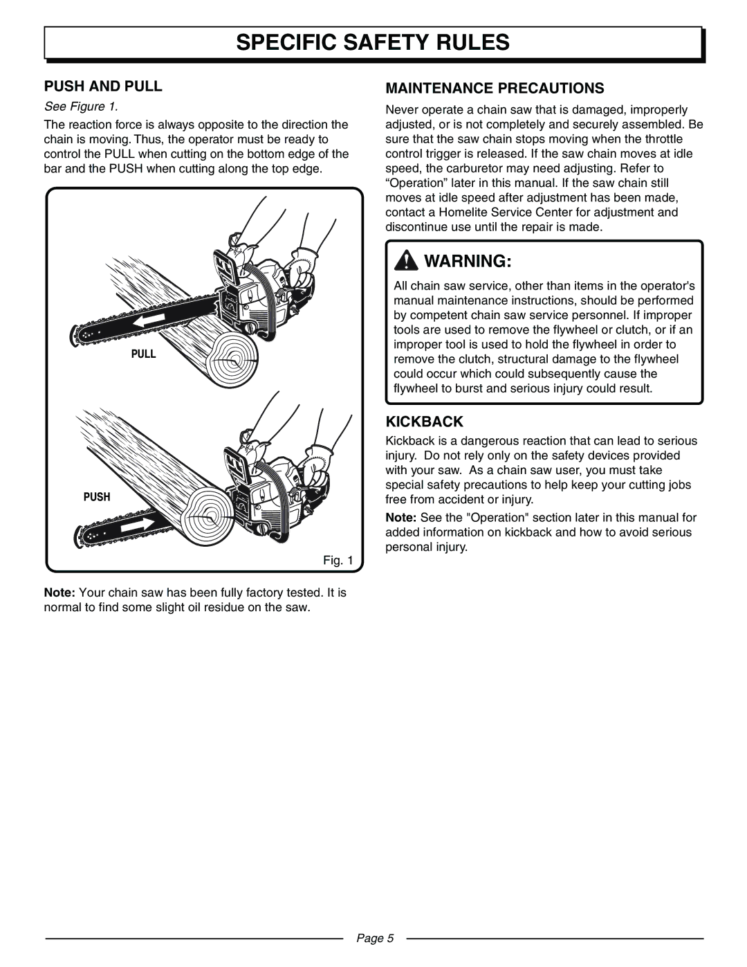 Homelite UT10942D manual Push and Pull, Maintenance Precautions, Kickback, See Figure, Pull Push 