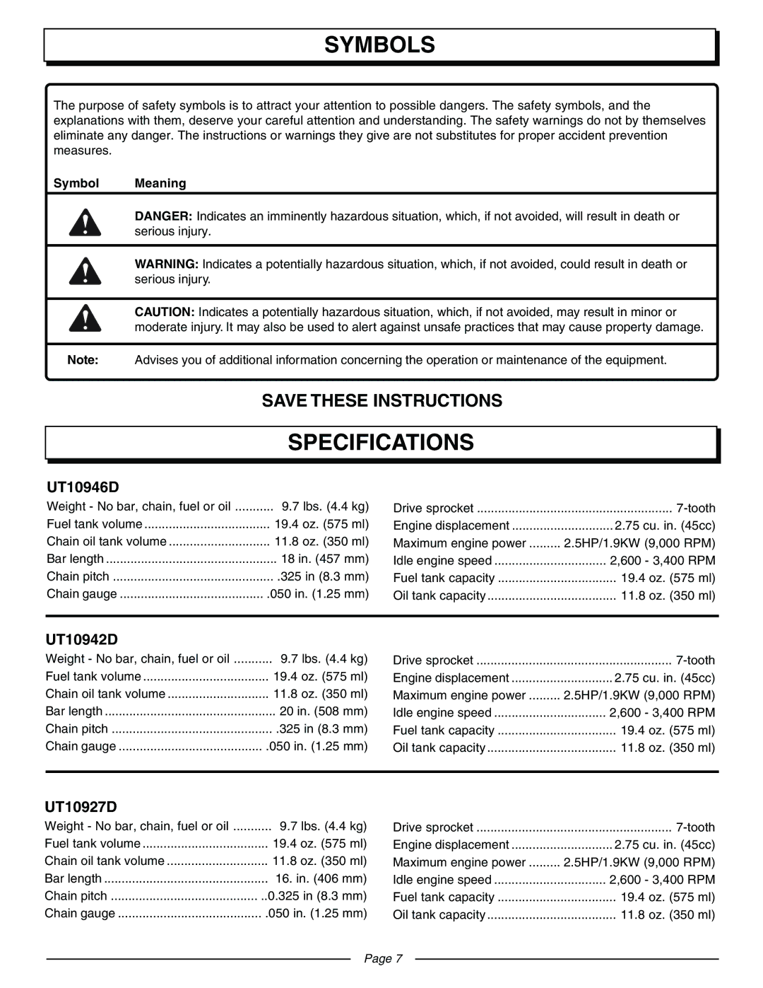 Homelite UT10942D manual Specifications, UT10946D 