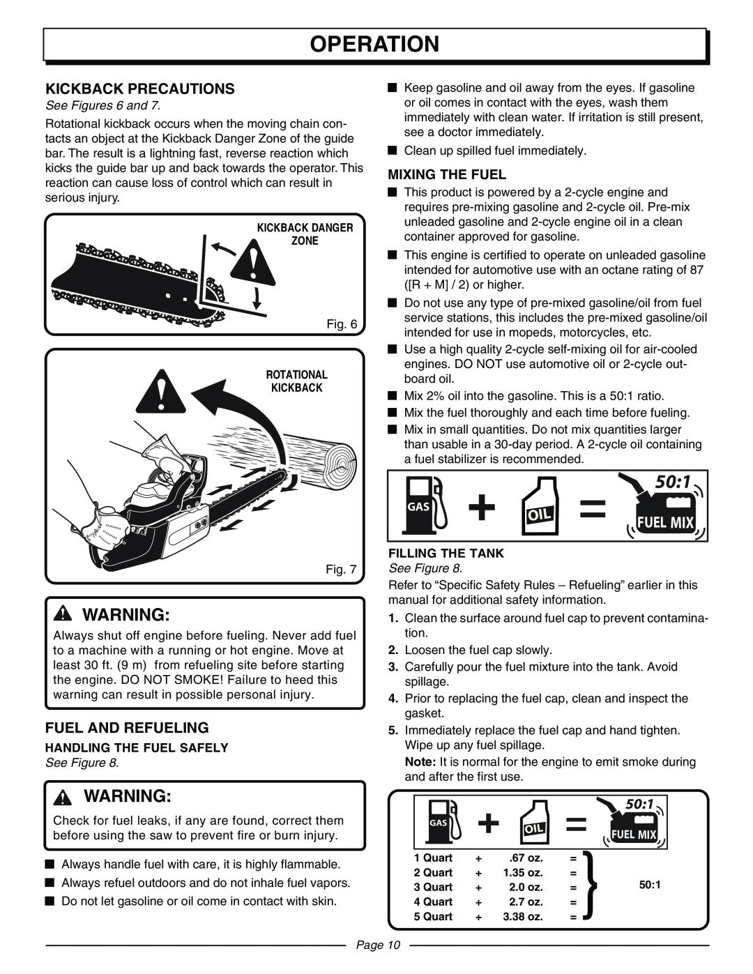 Homelite UT10942D manual Kickback Precautions, Fuel And Refueling, Operation, Mixing The Fuel, See Figures 6 and, Page 