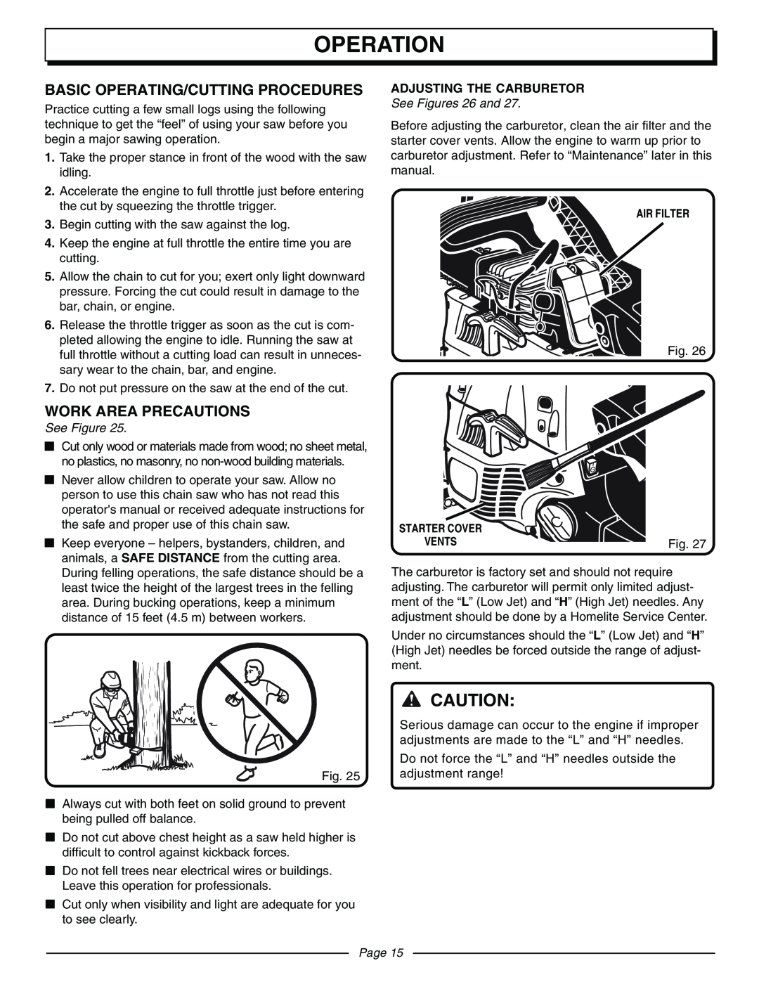 Homelite UT10942D manual Basic Operating/Cutting Procedures, Work Area Precautions, Operation, See Figures 26 and, Page 