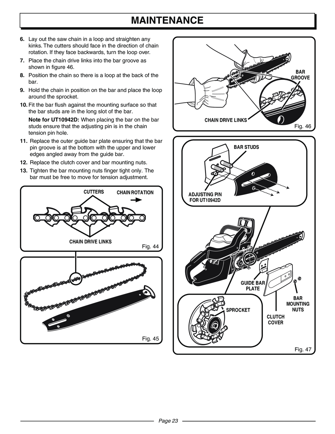 Homelite UT10942D manual Maintenance, Replace the clutch cover and bar mounting nuts, Page 