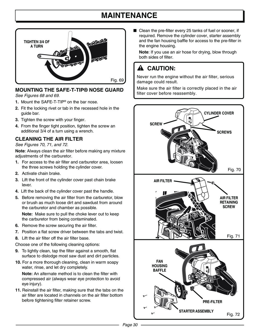 Homelite UT10942D manual Mounting The Safe-T-Tipnose Guard, Cleaning The Air Filter, Maintenance, See Figures 68 and, Page 