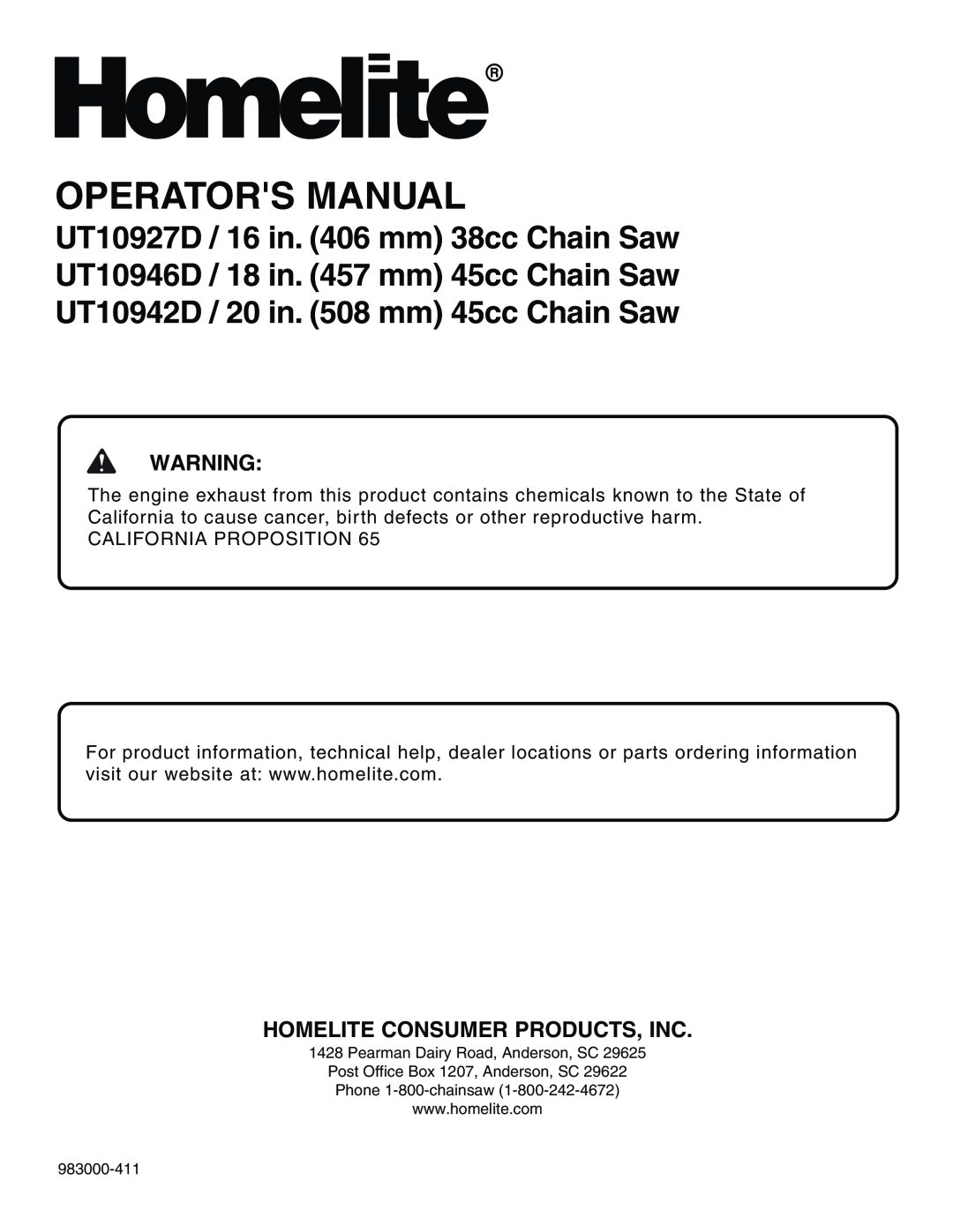 Homelite UT10942D manual Homelite Consumer Products, Inc, Operators Manual 