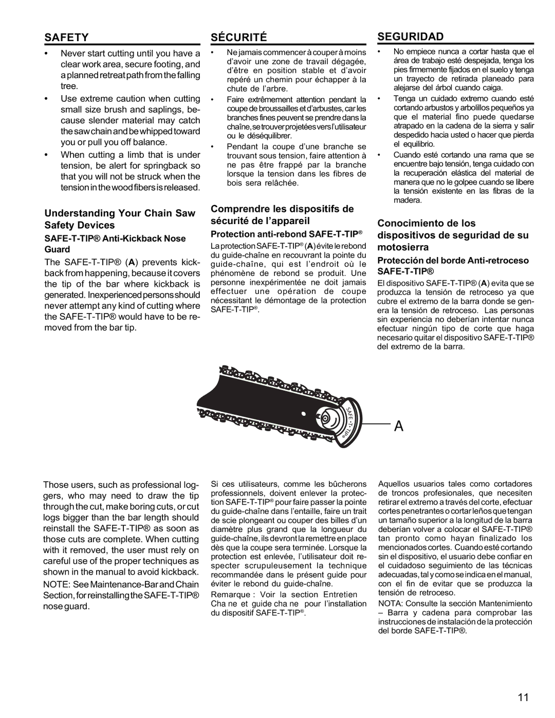 Homelite UT10946 manual Understanding Your Chain Saw Safety Devices, Comprendre les dispositifs de sécurité de l’appareil 