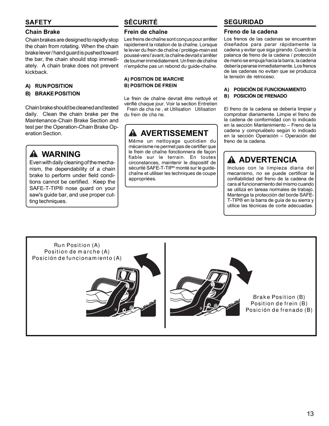 Homelite UT10946 manual Chain Brake, Frein de chaîne, Freno de la cadena, Position DE Marche Position DE Frein 