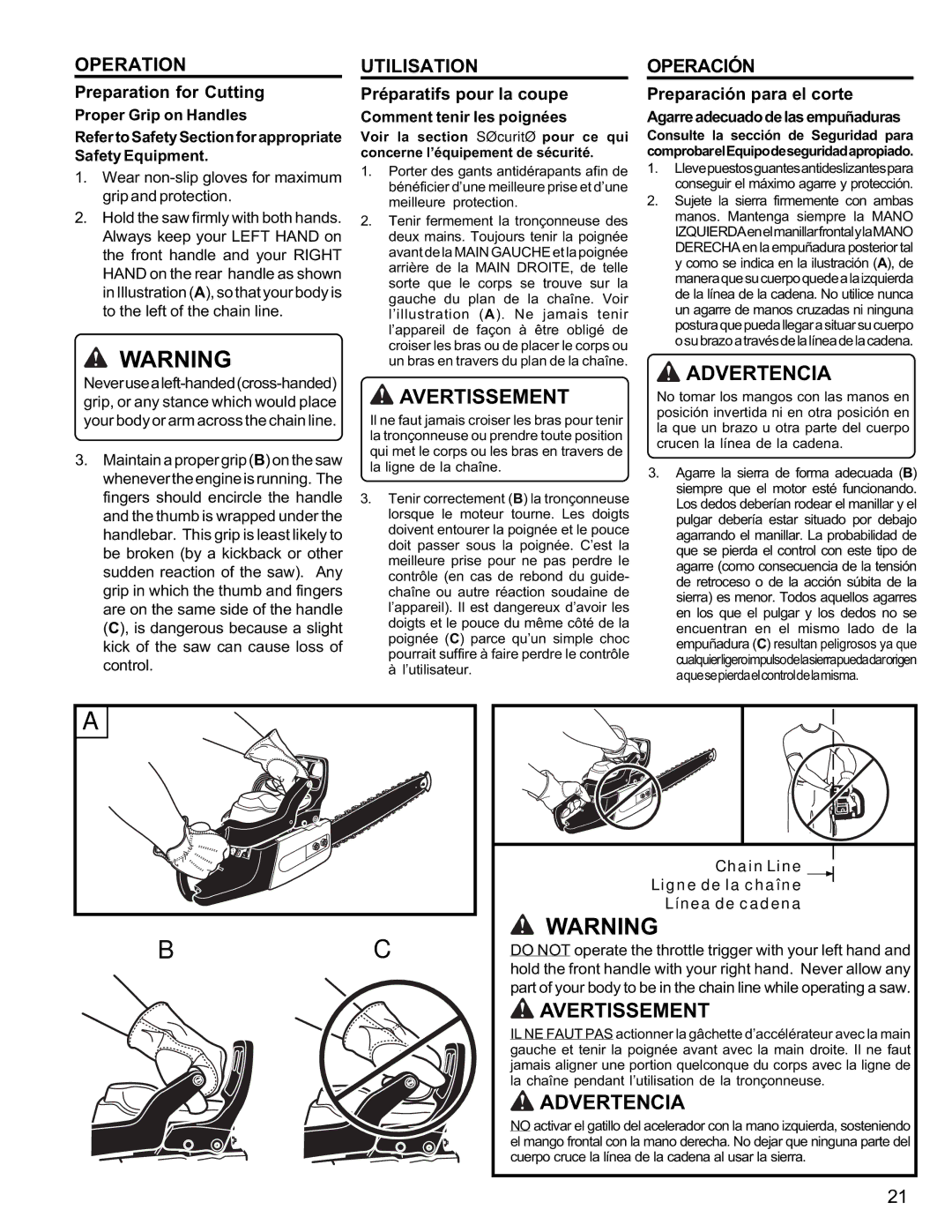 Homelite UT10946 Preparation for Cutting, Préparatifs pour la coupe, Preparación para el corte, Comment tenir les poignées 