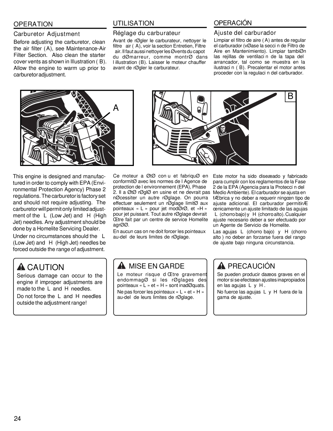 Homelite UT10946 manual Carburetor Adjustment, Réglage du carburateur, Ajuste del carburador 