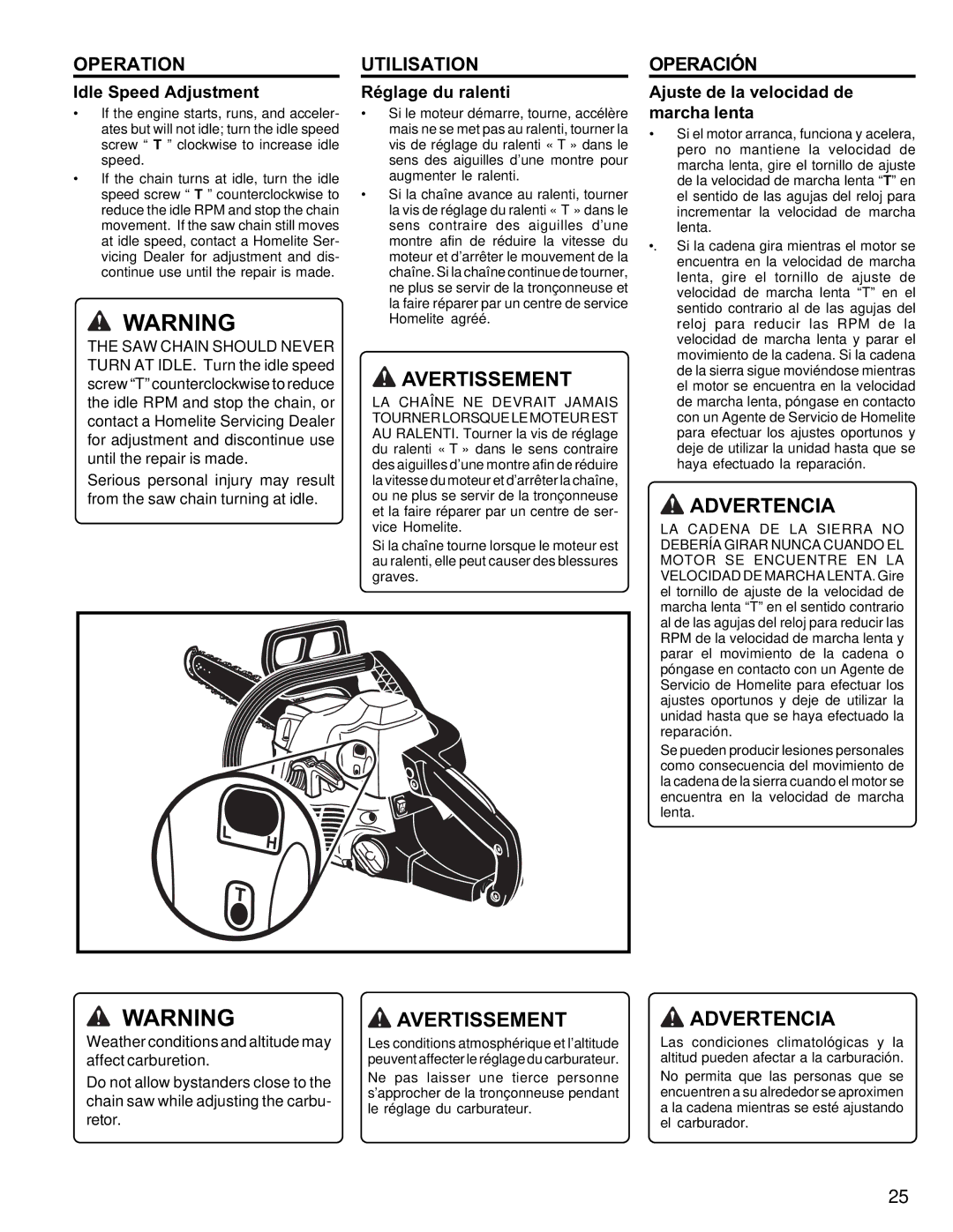 Homelite UT10946 manual Idle Speed Adjustment, Réglage du ralenti, Ajuste de la velocidad de marcha lenta 