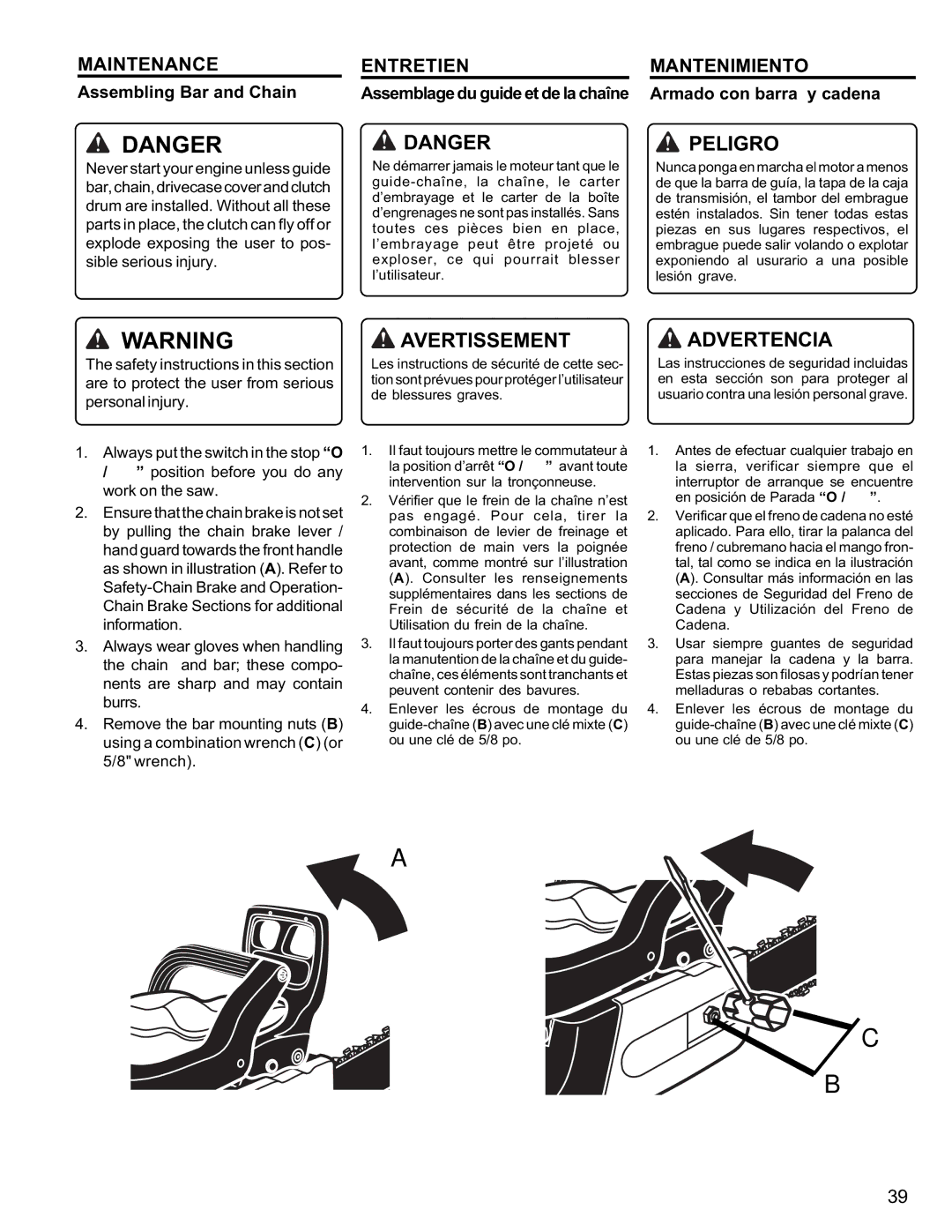 Homelite UT10946 manual Maintenance Entretien Mantenimiento, Assembling Bar and Chain, Armado con barra y cadena 