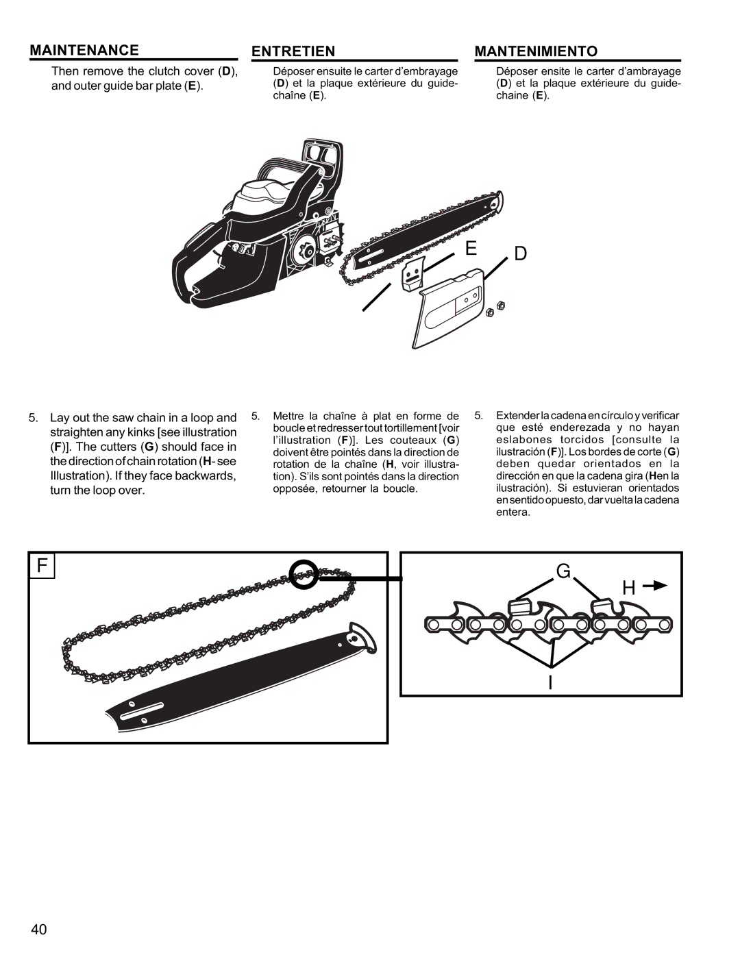 Homelite UT10946 manual Maintenance Entretien, Then remove the clutch cover D, Outer guide bar plate E 