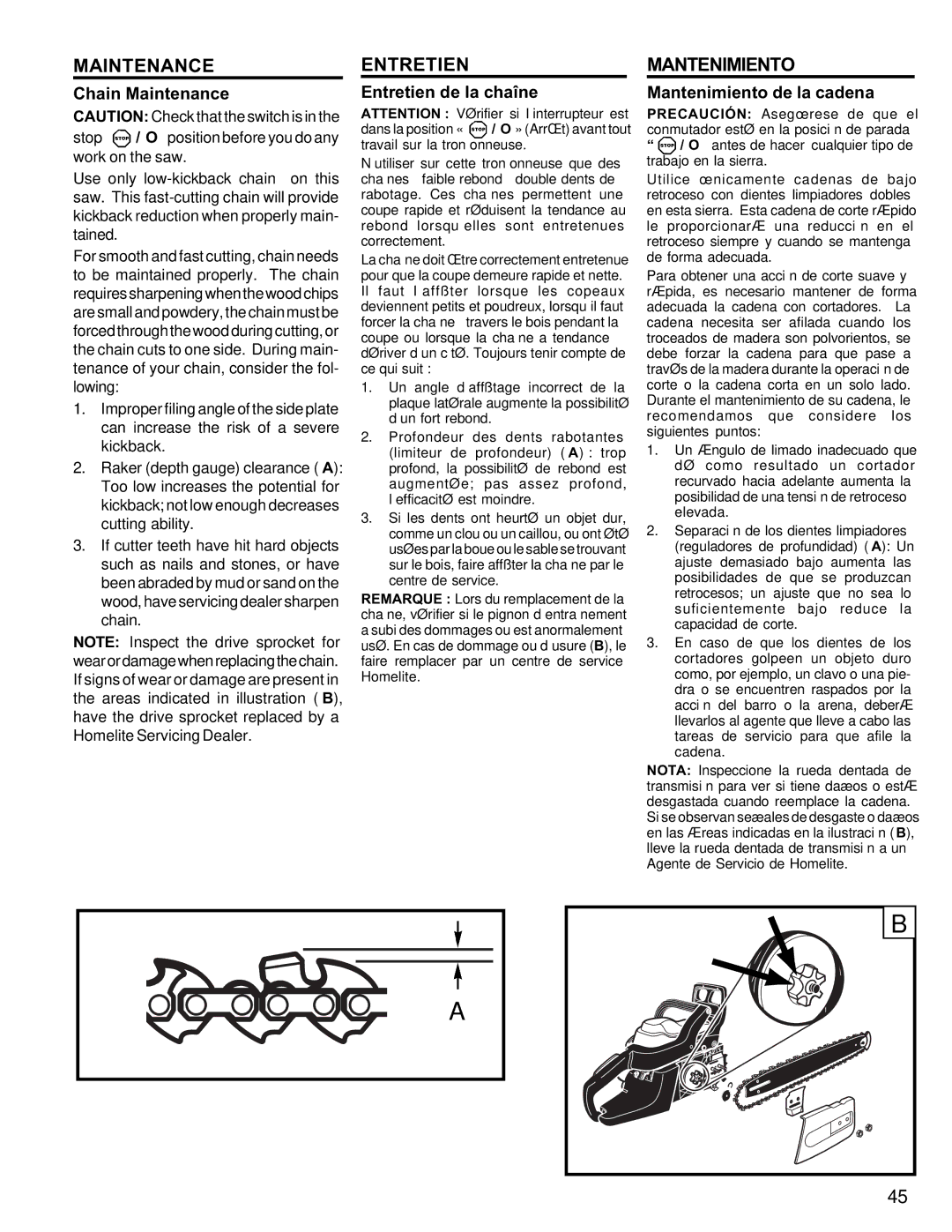 Homelite UT10946 manual Chain Maintenance, Entretien de la chaîne, Mantenimiento de la cadena 