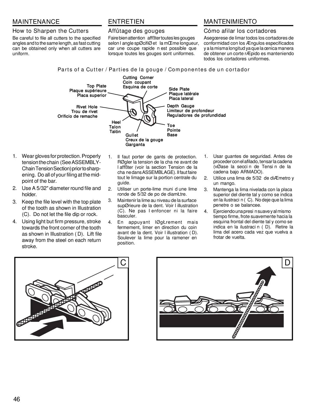 Homelite UT10946 manual How to Sharpen the Cutters, Affûtage des gouges, Cómo afilar los cortadores 