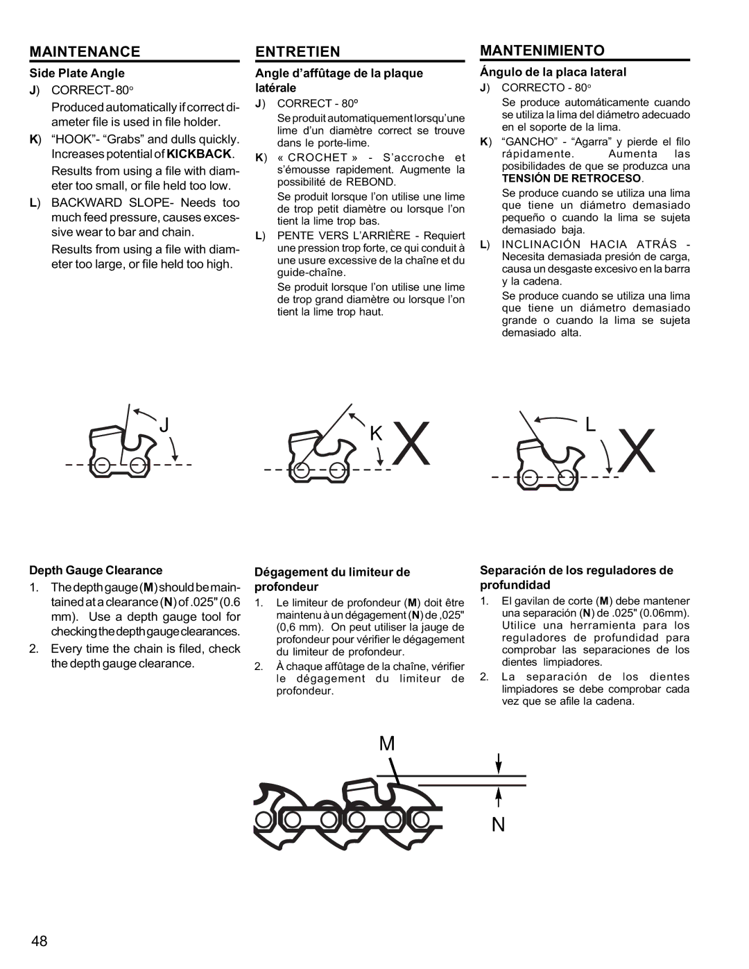 Homelite UT10946 manual Angle d’affûtage de la plaque latérale, Ángulo de la placa lateral, Tensión DE Retroceso 