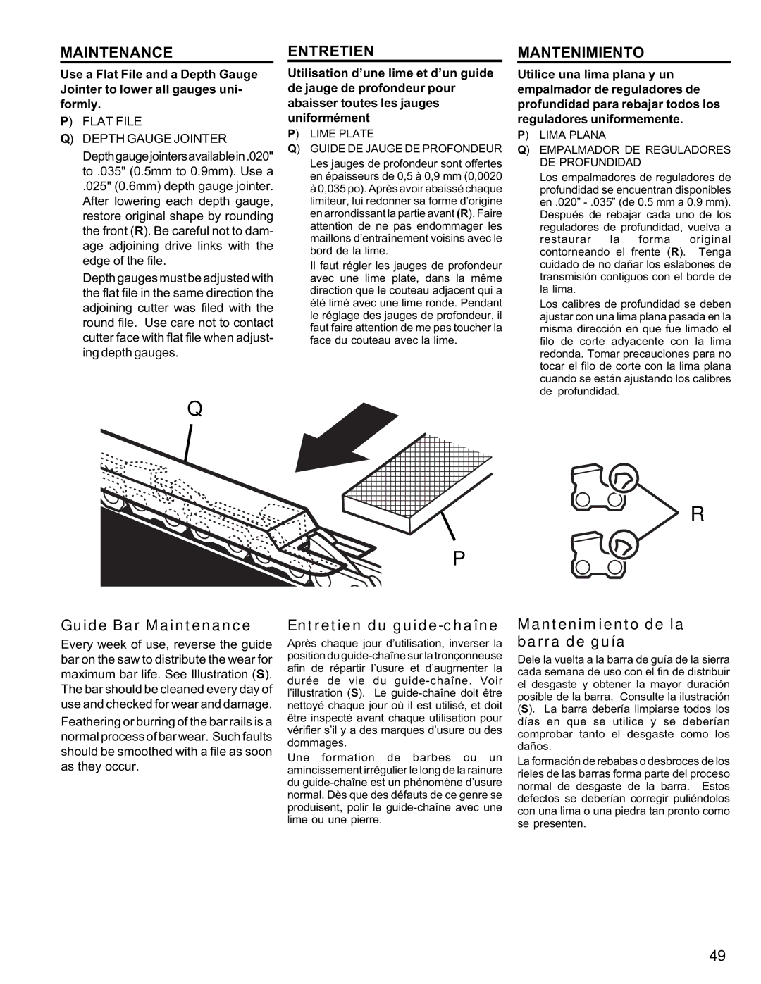 Homelite UT10946 manual Lime Plate Guide DE Jauge DE Profondeur, Lima Plana Empalmador DE Reguladores DE Profundidad 