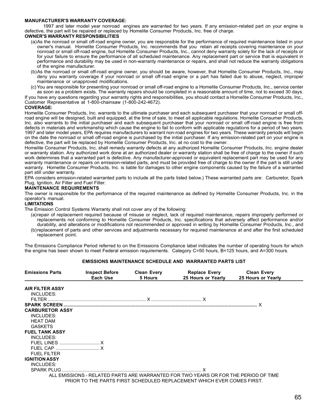 Homelite UT10946 Manufacturers Warranty Coverage, Owners Warranty Responsibilities, Maintenance Requirements, Limitations 