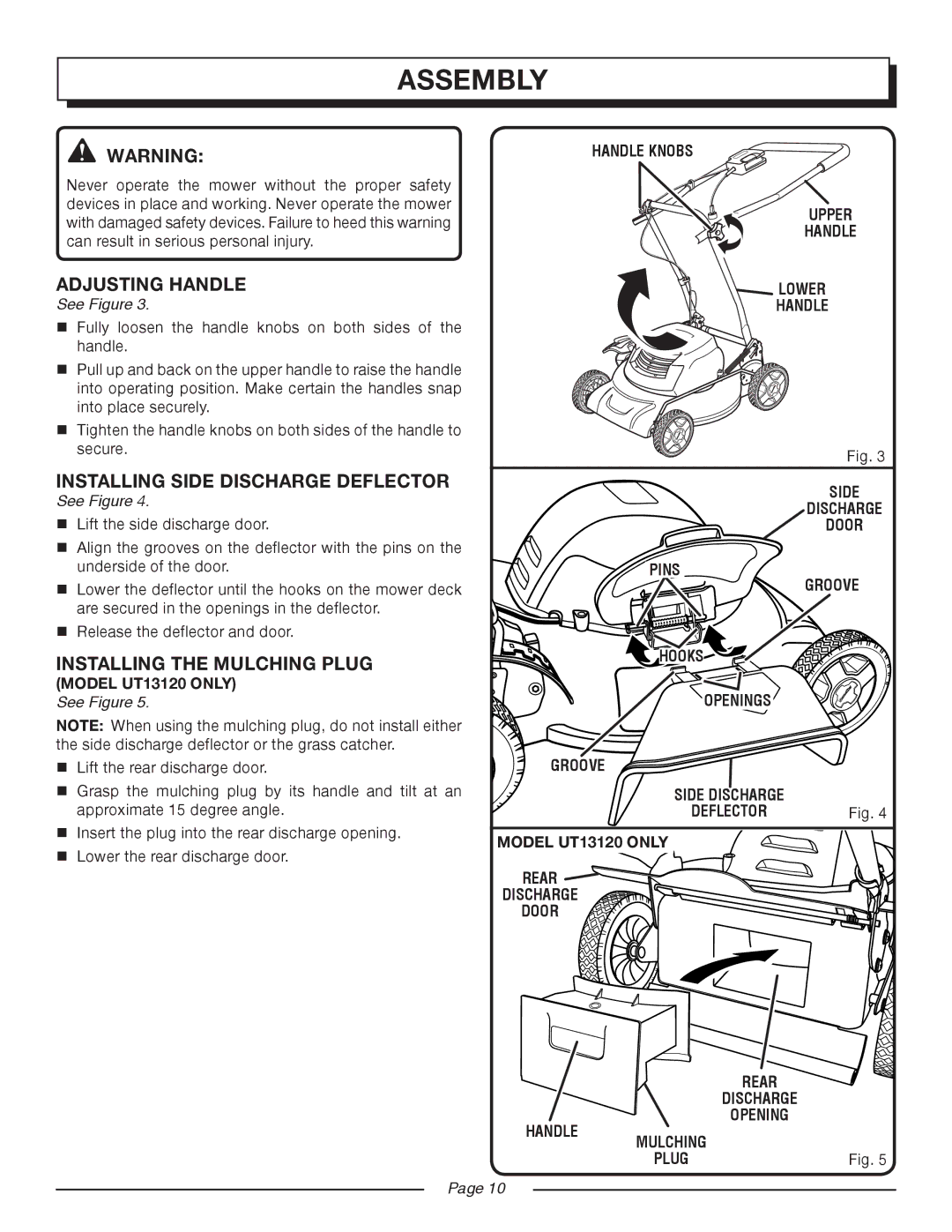 Homelite UT13118, UT13120 manual Adjusting Handle, Installing Side Discharge Deflector, Installing the Mulching Plug 