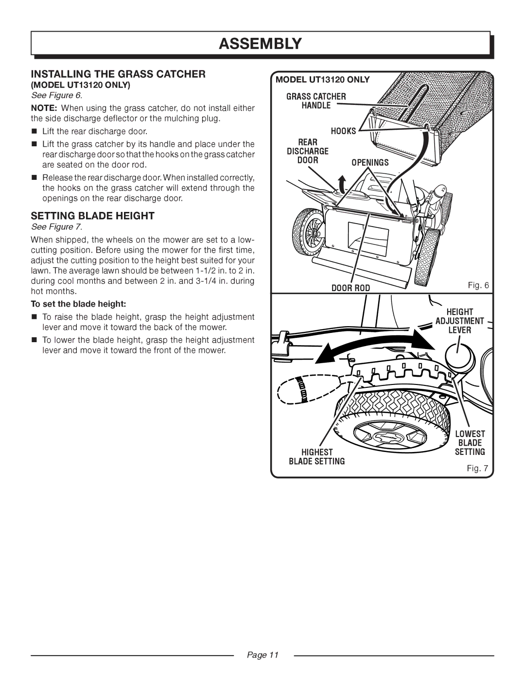 Homelite UT13120, UT13118 manual Installing the Grass Catcher, Setting Blade Height, To set the blade height, Hooks 