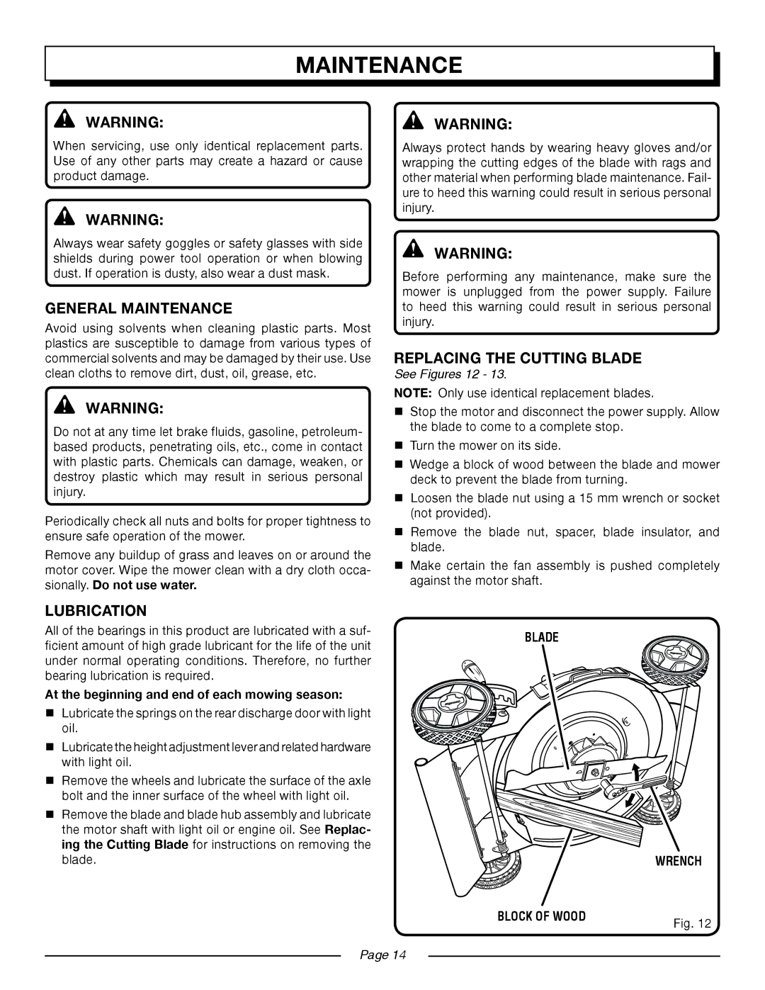 Homelite UT13118, UT13120 General Maintenance, Replacing the Cutting Blade, Lubrication, Blade Wrench Block of Wood 