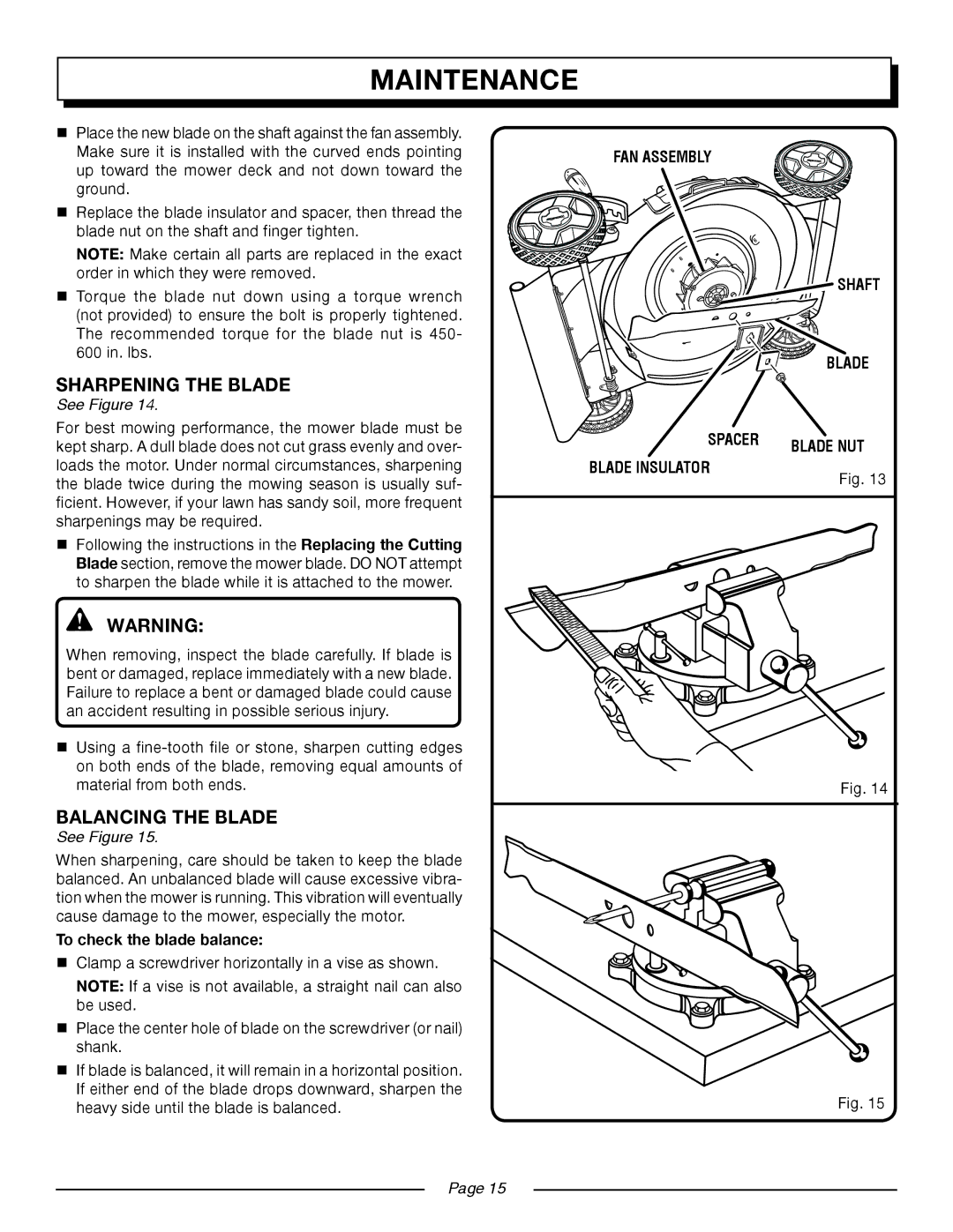 Homelite UT13120 Sharpening the Blade, Balancing the Blade, FAN Assembly Shaft Blade Spacer, To check the blade balance 