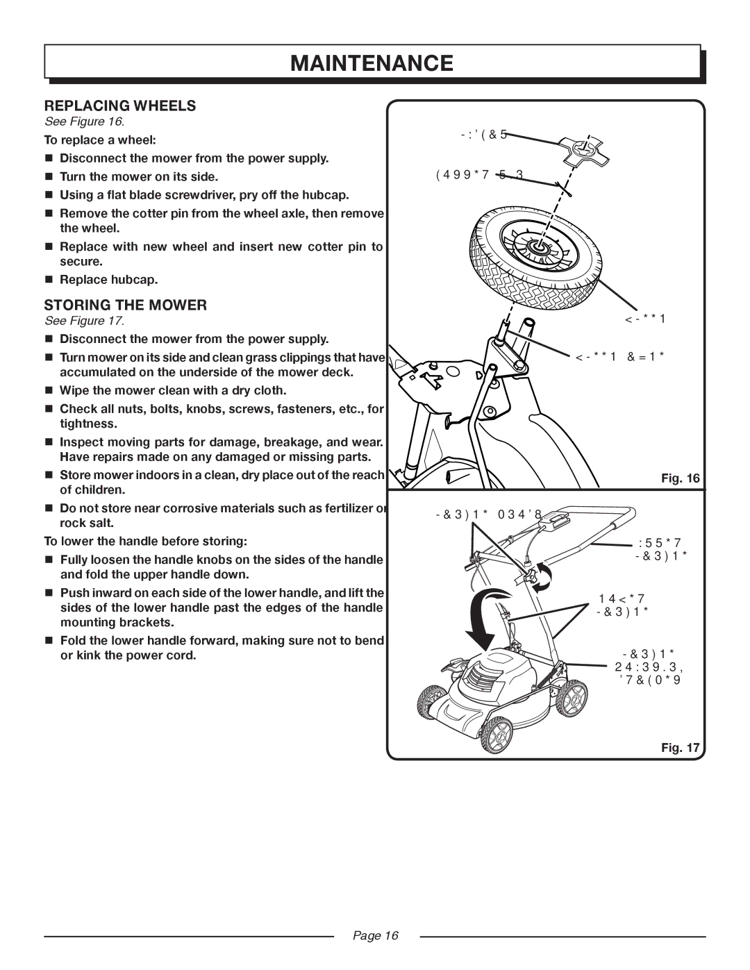 Homelite UT13118, UT13120 manual Replacing Wheels, Storing the Mower, To replace a wheel, To lower the handle before storing 