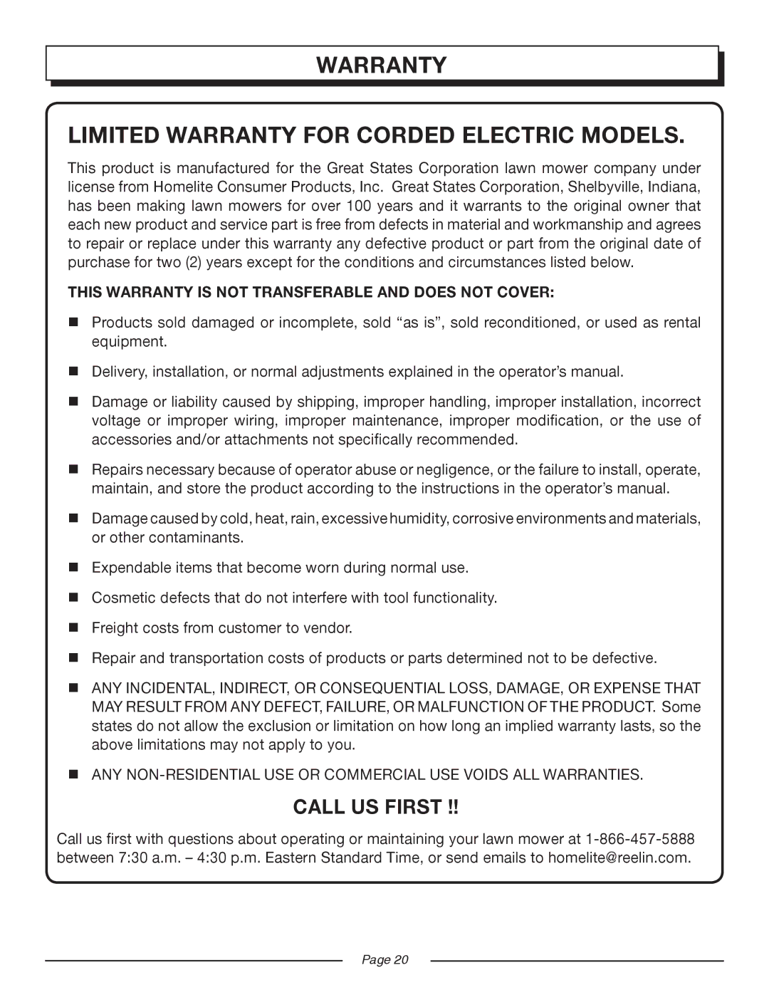 Homelite UT13118, UT13120 manual Warranty Limited Warranty for Corded Electric Models 