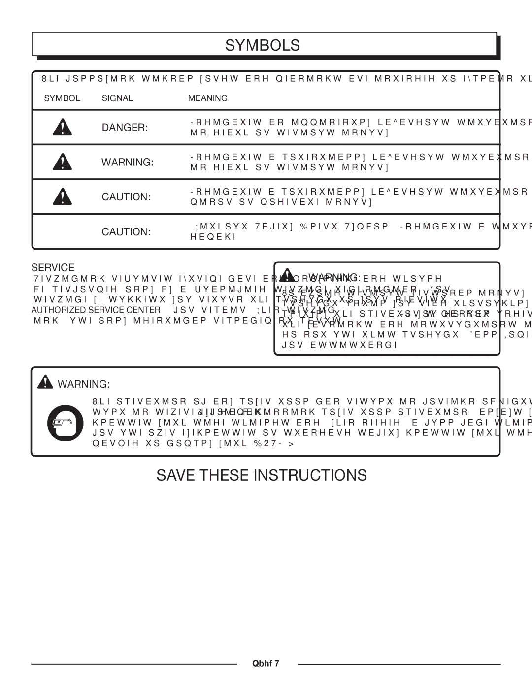 Homelite UT13118, UT13120 manual Service, Symbol Signal Meaning 