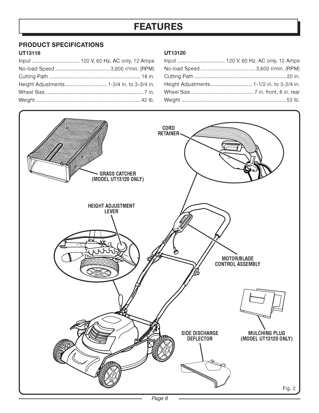 Homelite UT13118 manual Features, Product Specifications, UT13120 