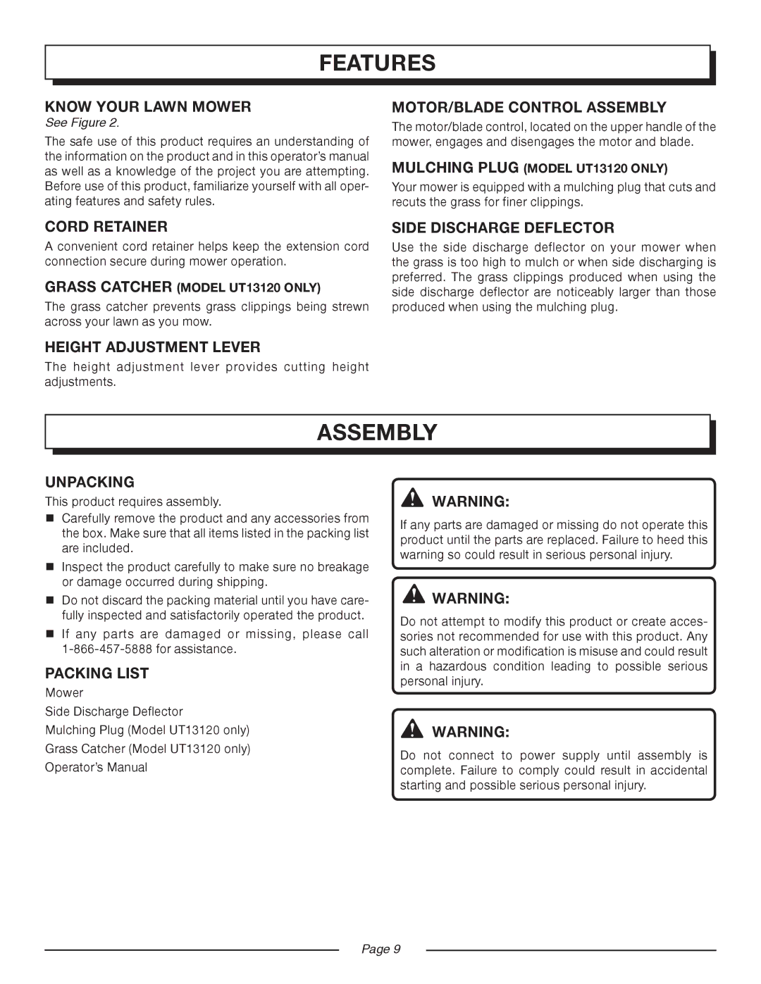 Homelite UT13120, UT13118 manual Assembly 