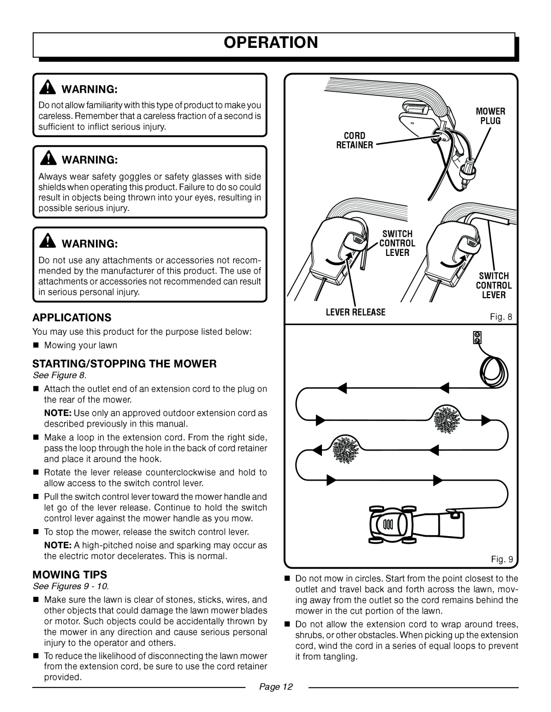 Homelite UT13118 Operation, Applications, Starting/Stopping The Mower, Mowing Tips, See Figures 9, Mower Plug, Page 