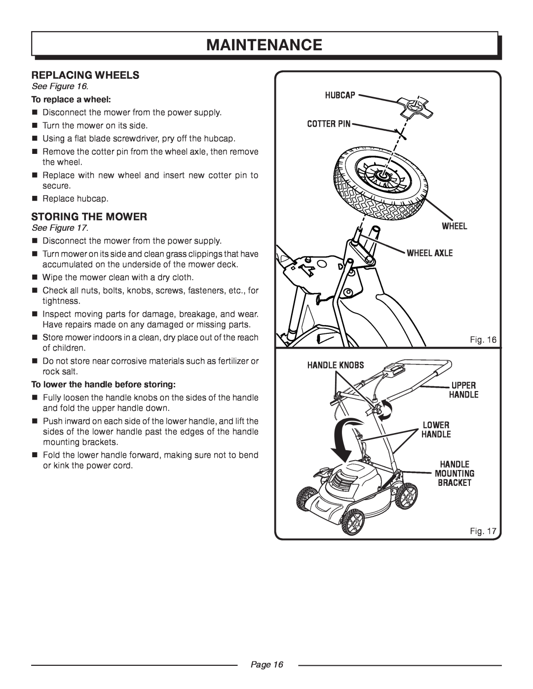 Homelite UT13118, UT13120 manual Replacing Wheels, Storing The Mower, Maintenance, See Figure, To replace a wheel, Page 