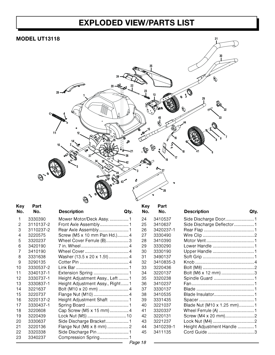 Homelite UT13120 manual Exploded View/Parts List, MODEL UT13118, Description, Page 