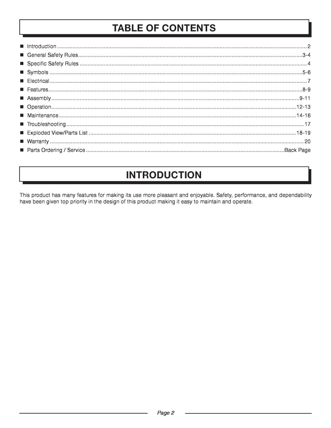 Homelite UT13118, UT13120 manual Introduction, Table Of Contents, 9-11, 12-13, 14-16, 18-19, Back Page 