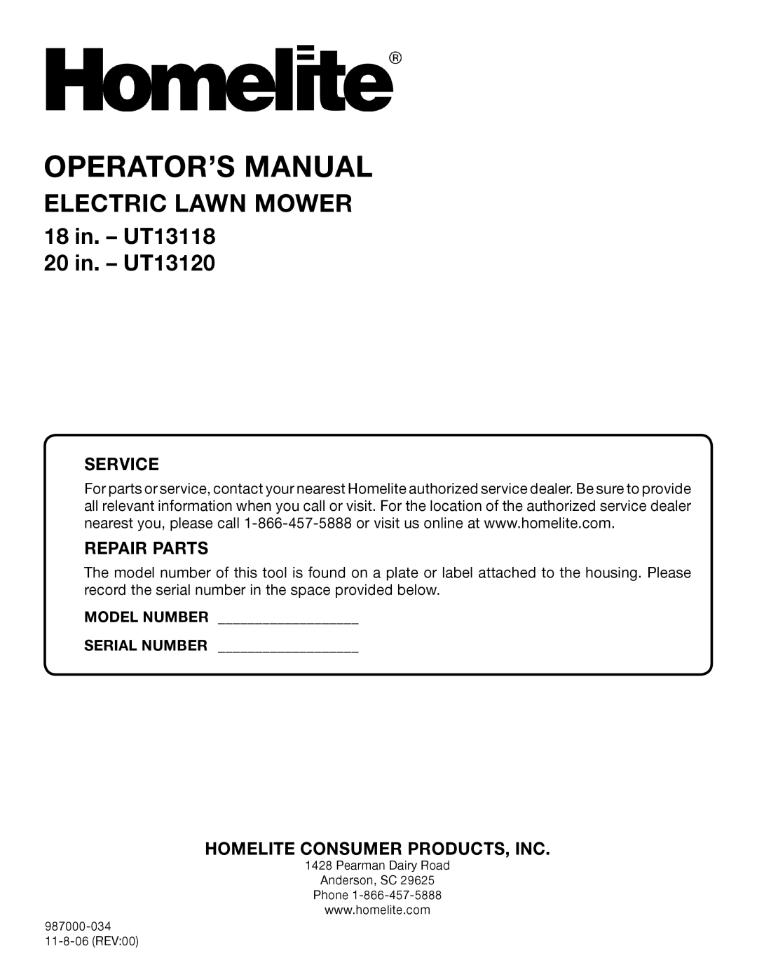 Homelite UT13118, UT13120 Service, Repair Parts, Homelite Consumer Products, Inc, Operator’S Manual, Electric Lawn Mower 