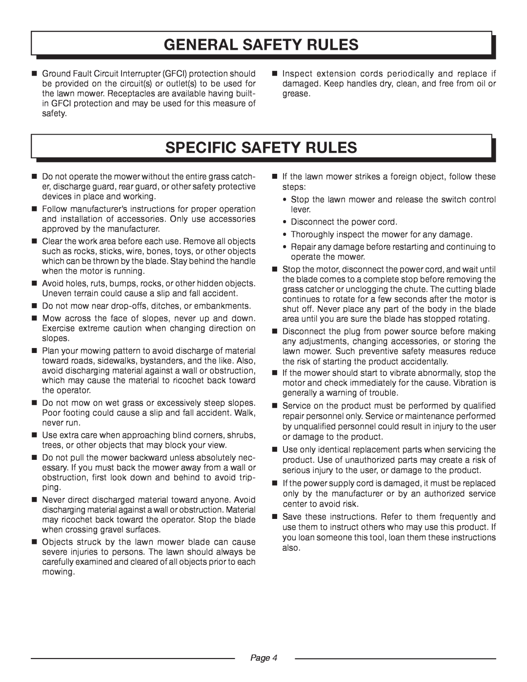 Homelite UT13118 Specific Safety Rules, General Safety Rules,  Do not mow near drop-offs, ditches, or embankments, Page 