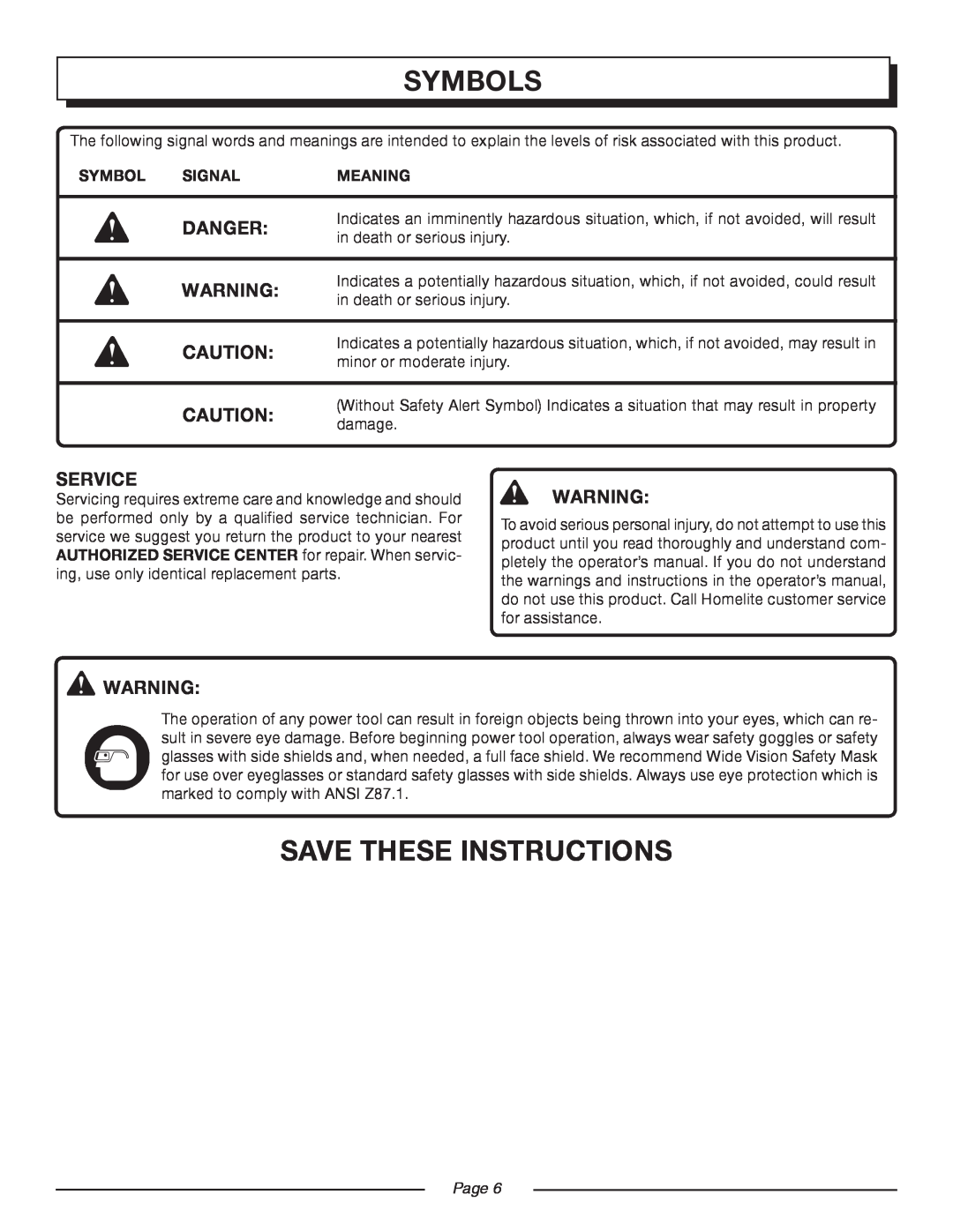Homelite UT13118, UT13120 manual Save These Instructions, Danger, Service, Symbols, Signal, Meaning, Page 