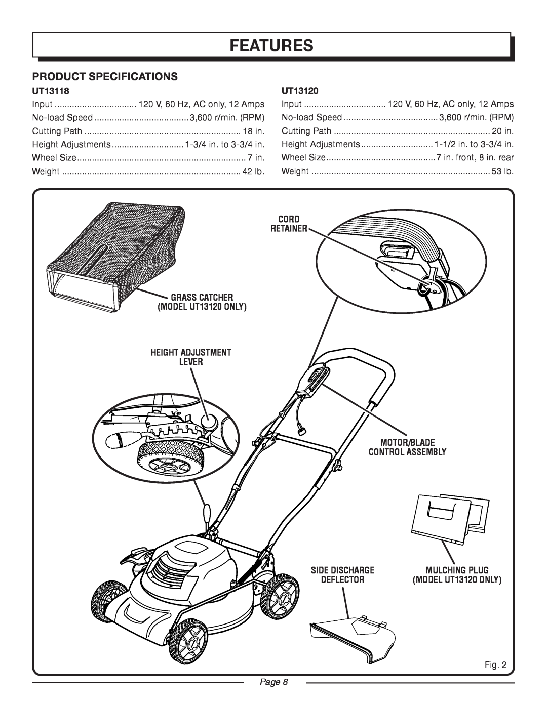 Homelite UT13118 manual Features, Product Specifications, UT13120, Lever Motor/Blade Control Assembly, Page 