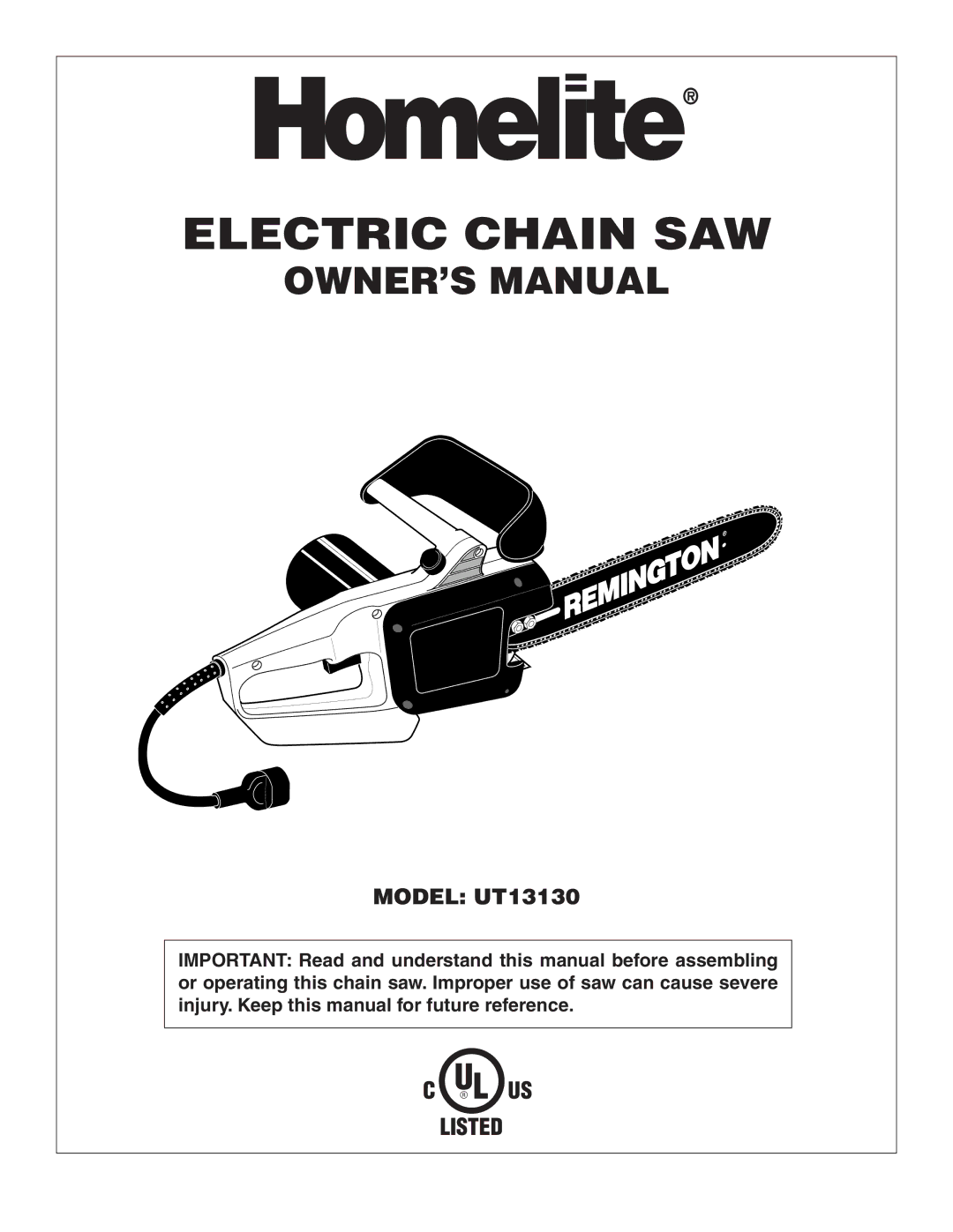 Homelite UT13130 owner manual Electric Chain SAW 