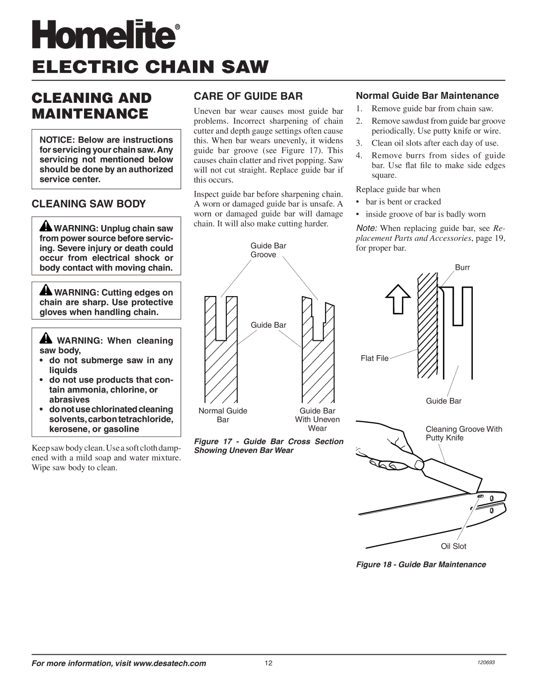 Homelite UT13130 owner manual Cleaning and Maintenance, Cleaning SAW Body, Care of Guide BAR, Normal Guide Bar Maintenance 