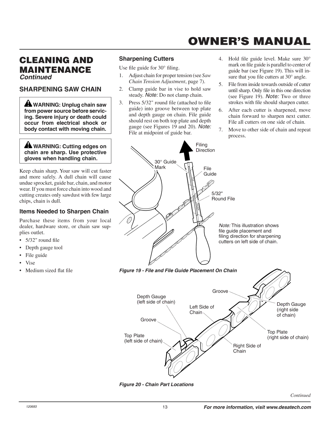 Homelite UT13130 Cleaning and maintenance, Sharpening SAW Chain, Sharpening Cutters, Items Needed to Sharpen Chain 