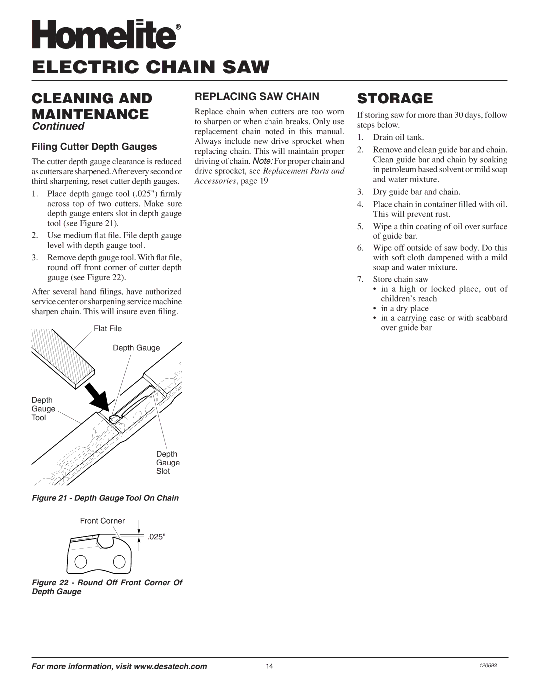 Homelite UT13130 owner manual Storage, Replacing Saw Chain, Filing Cutter Depth Gauges 