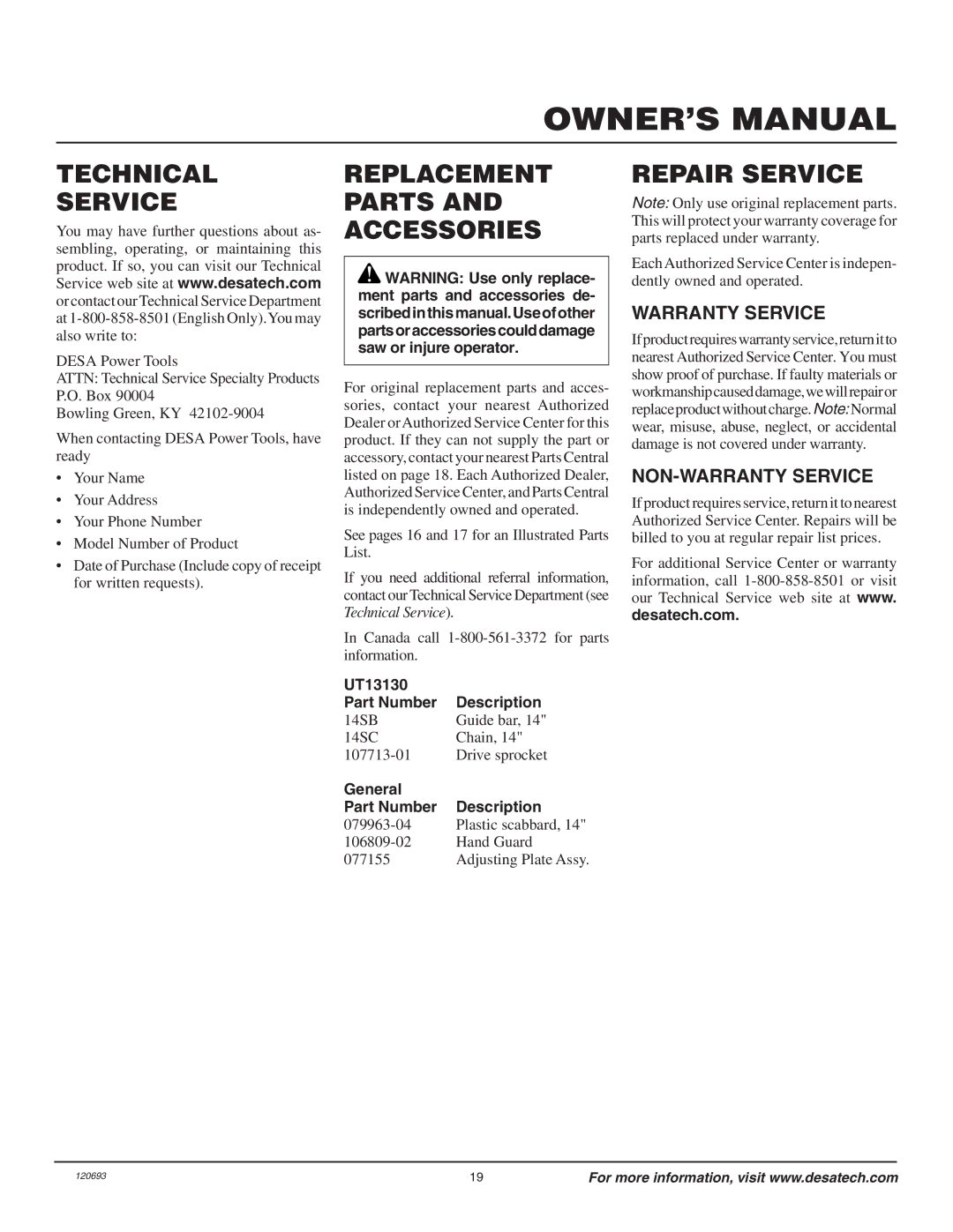 Homelite UT13130 owner manual Technical Service, Replacement Parts And accessories, Repair Service, Warranty Service 