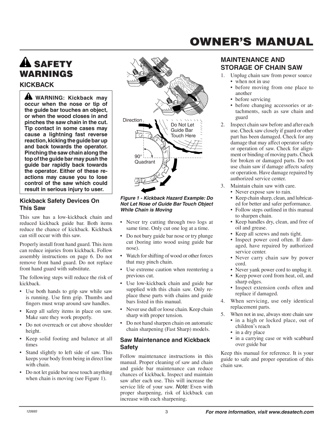 Homelite UT13130 owner manual Maintenance and Storage of Chain SAW, Kickback Safety Devices On This Saw 