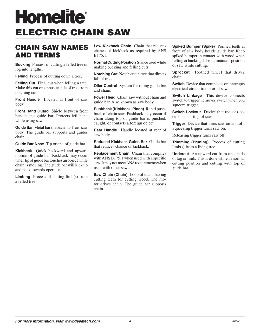 Homelite UT13130 owner manual Chain saw names and terms 