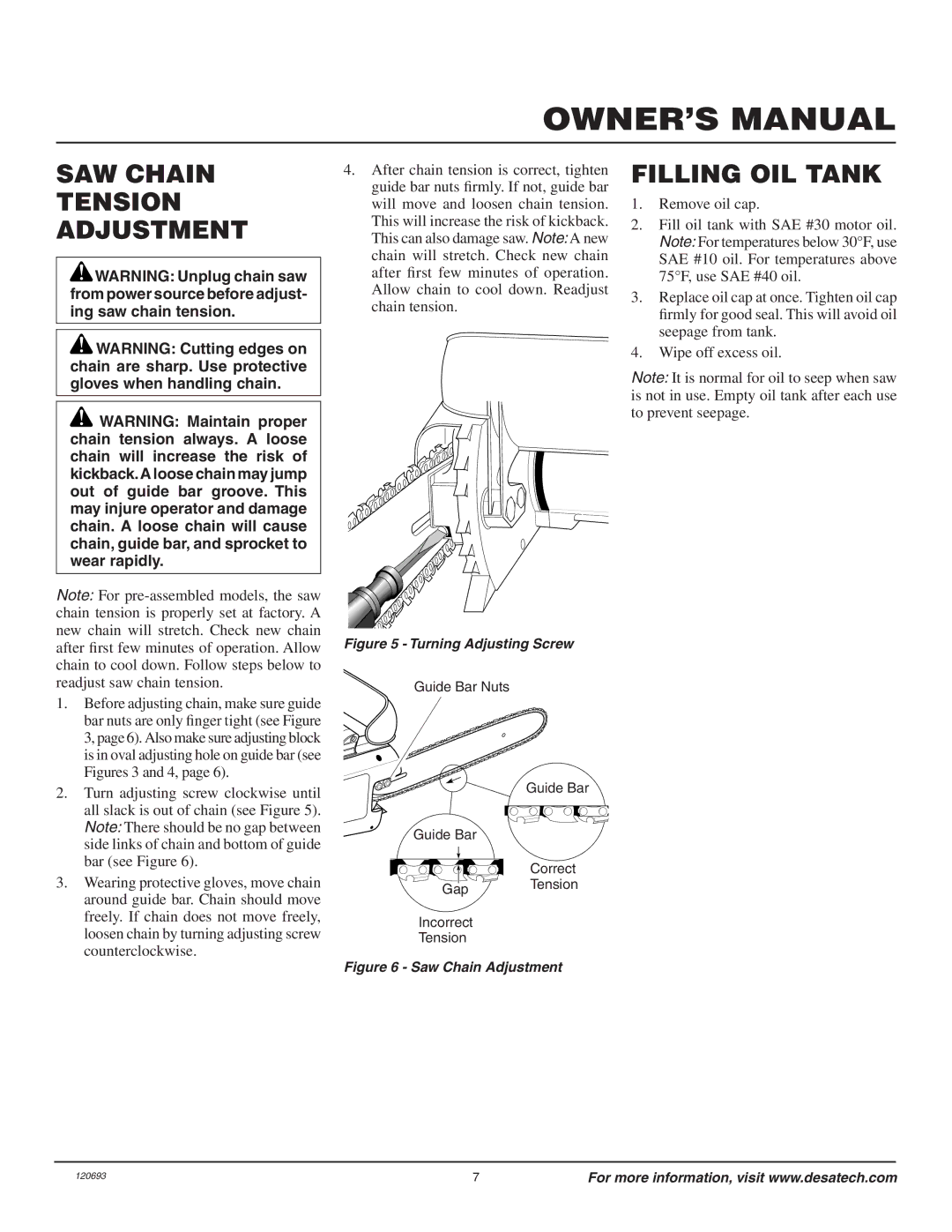 Homelite UT13130 owner manual SAW Chain Tension Adjustment, Filling OIL Tank 