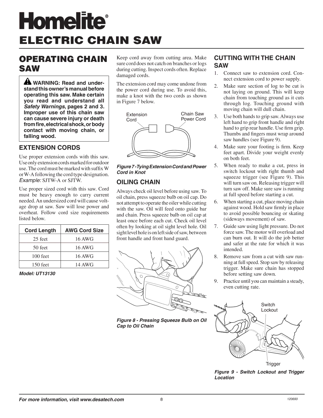 Homelite UT13130 owner manual Operating Chain SAW, Extension Cords, Oiling Chain, Cutting with the Chain SAW 