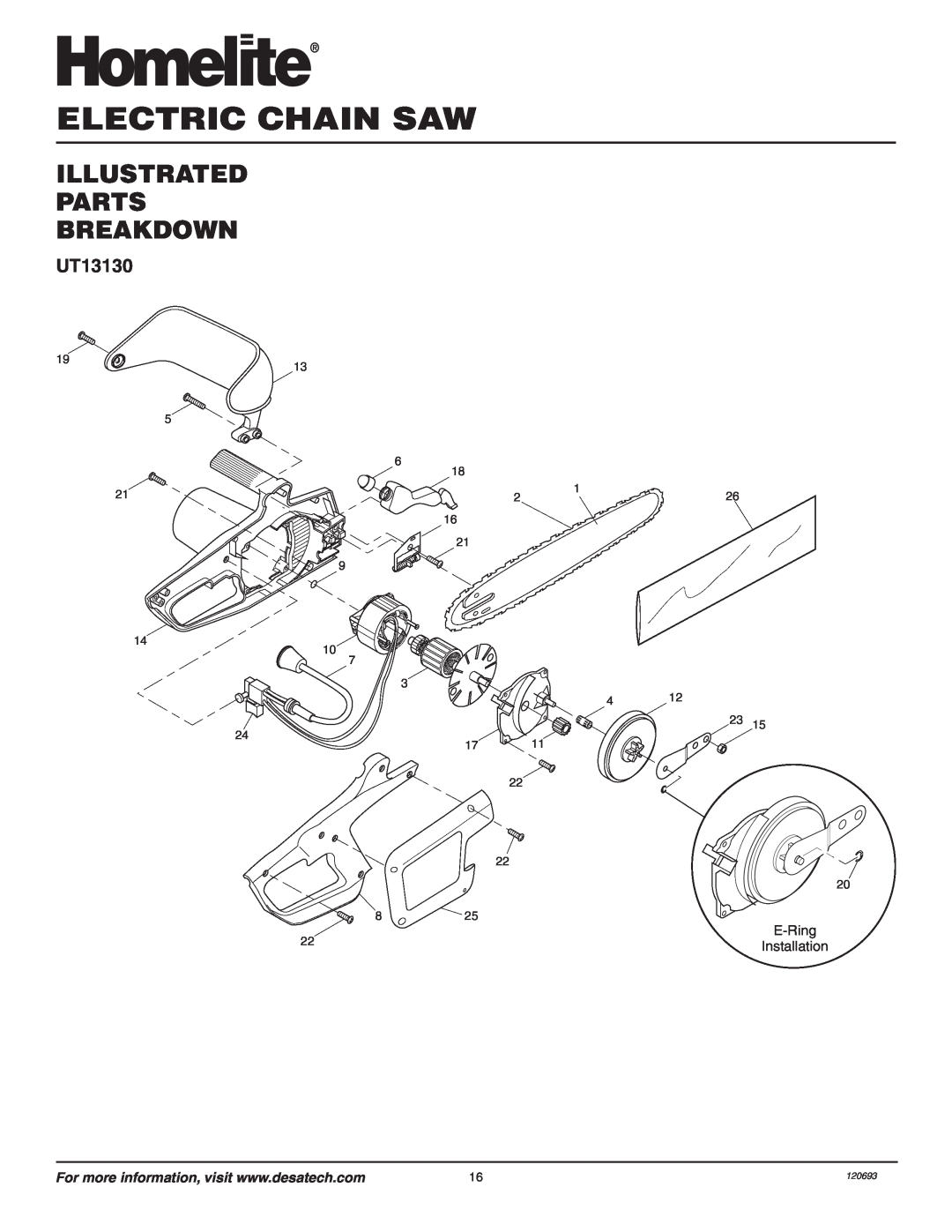 Homelite UT13130 owner manual Illustrated Parts Breakdown, Electric Chain Saw, E-Ring, Installation, 120693 