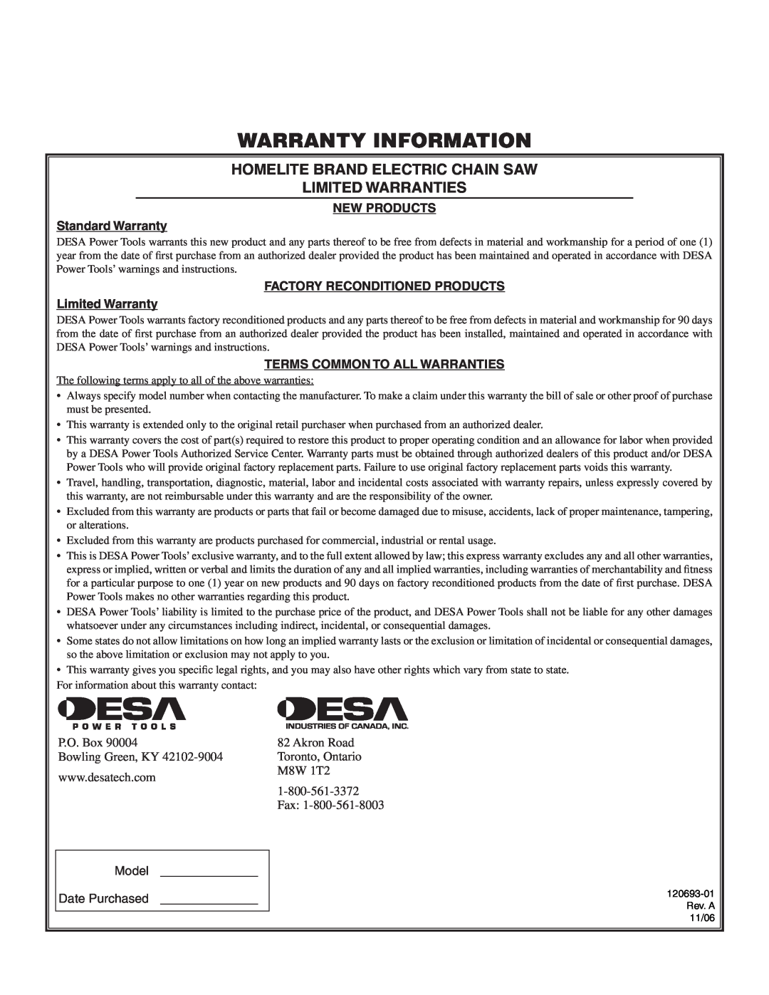 Homelite UT13130 Warranty Information, Homelite brand ELECTRIC CHAIN SAW LIMITED WARRANTIES, Model Date Purchased 