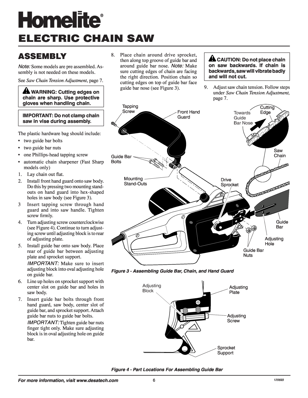 Homelite UT13130 owner manual Assembly, See Saw Chain Tension Adjustment, page, Electric Chain Saw 