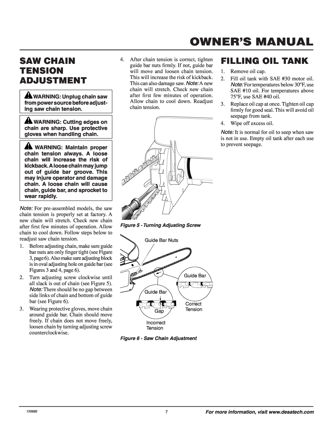 Homelite UT13130 owner manual Saw Chain Tension Adjustment, Filling Oil Tank 